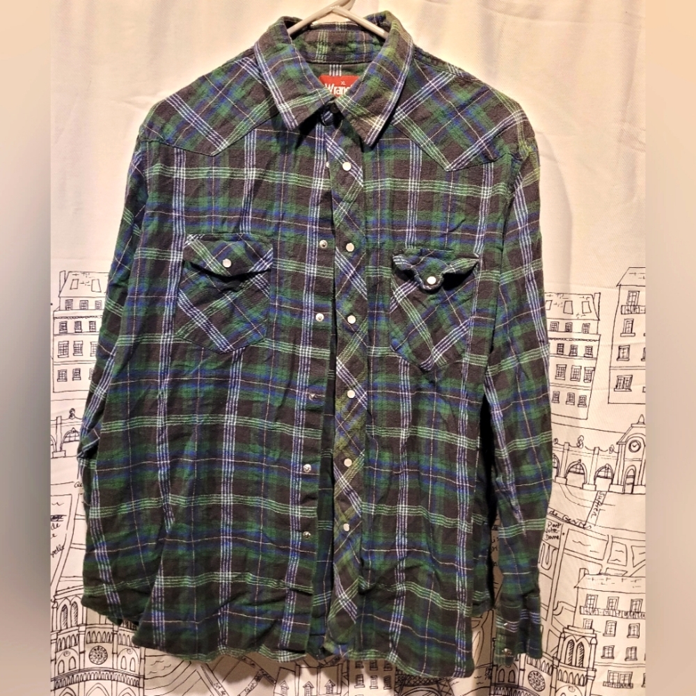 Vintage Wranglers Plaid Pearl Snap Flannel Shirt Size XL EUC - Picture 1 of 7